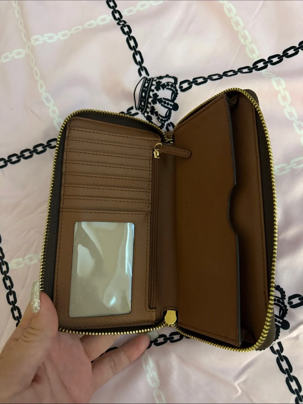 Michael Kors Brown Monogram Zip-Around Card Holder with Gold Logo
